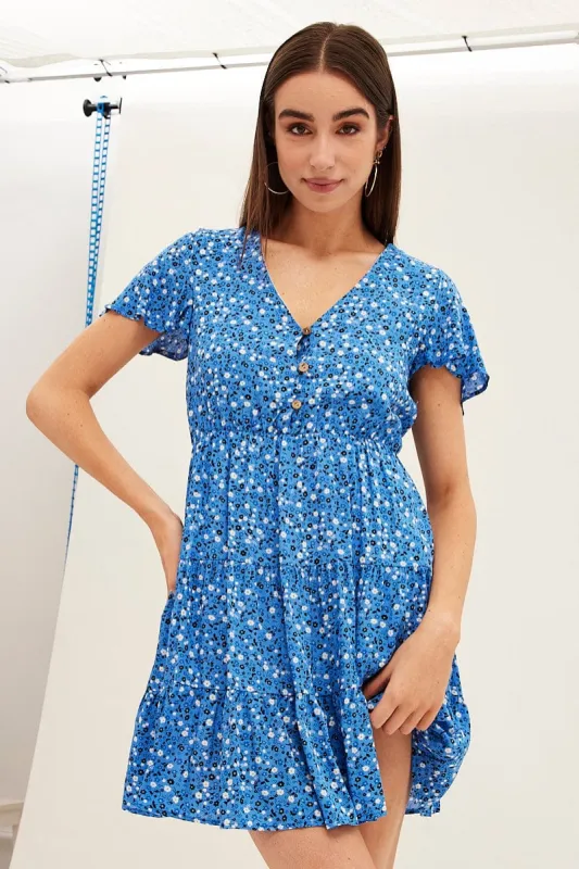 Blue Floral Button Front Short Sleeve Mini Skater Dress sold by Ally Fashion