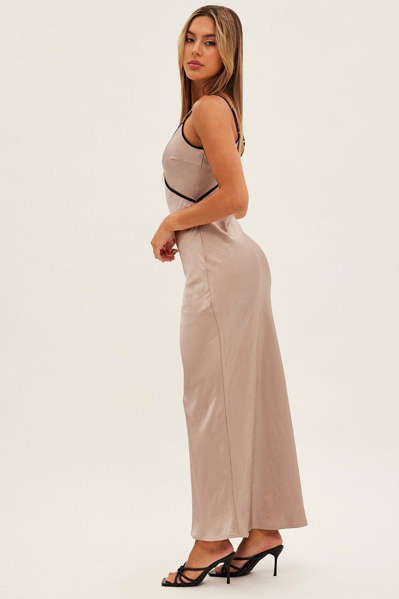 Brown Maxi Dress V Neck Contrast Binding Details Satin sold by Ally Fashion product image thumbnail 4
