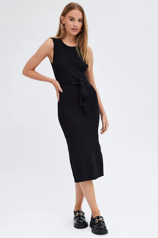Black Knit Dress Sleeveless Round Neck Belted Midi sold by Ally Fashion