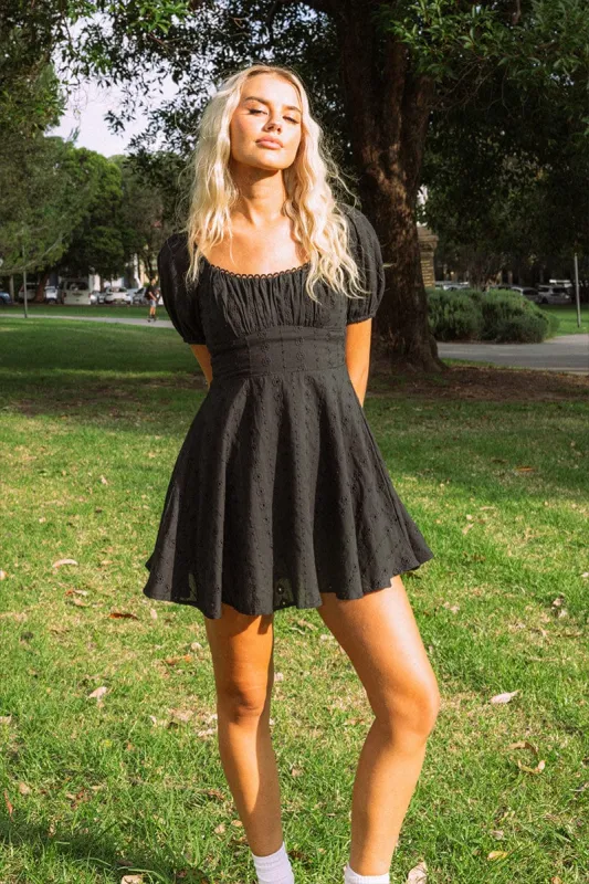 Black Fit And Flare Dress Puff Sleeve Eyelet sold by Ally Fashion