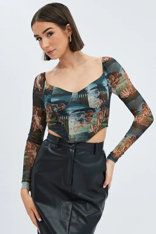 Multi Print Crop Top Long Sleeve Sweetheart Mesh Shirred sold by Ally Fashion