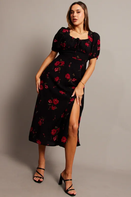 Black Floral Midi Dress Puff Sleeve Midi sold by Ally Fashion