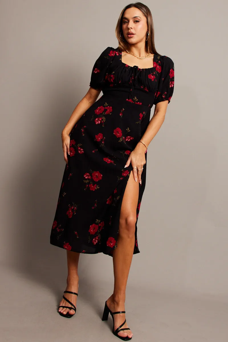 Black Floral Midi Dress Puff Sleeve Midi sold by Ally Fashion