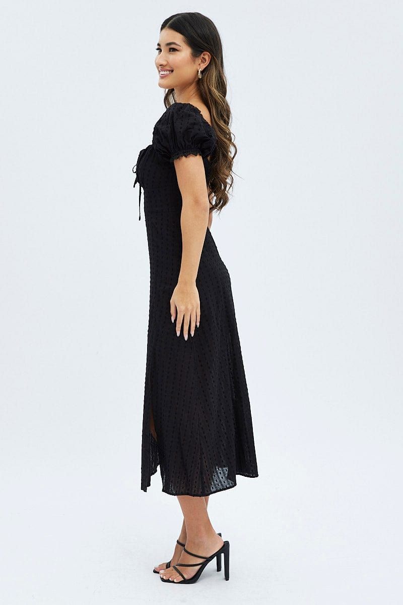 Black Midi Dress Puff Sleeve Gathered Bust Cotton sold by Ally Fashion product image thumbnail 4