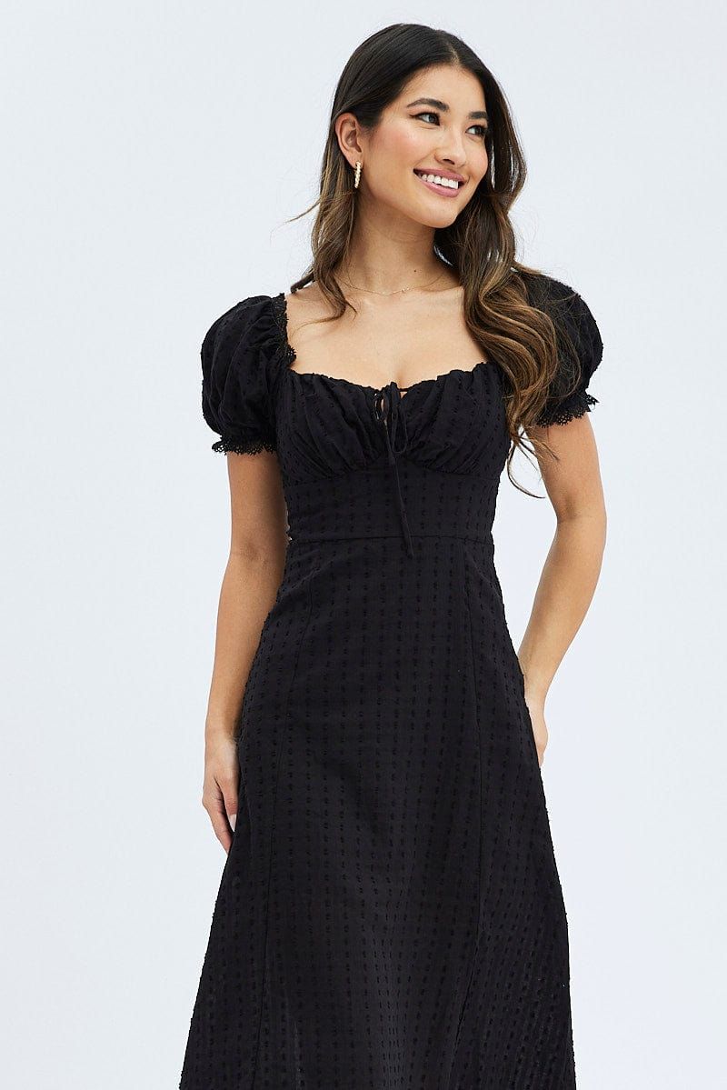 Black Midi Dress Puff Sleeve Gathered Bust Cotton sold by Ally Fashion product image thumbnail 2