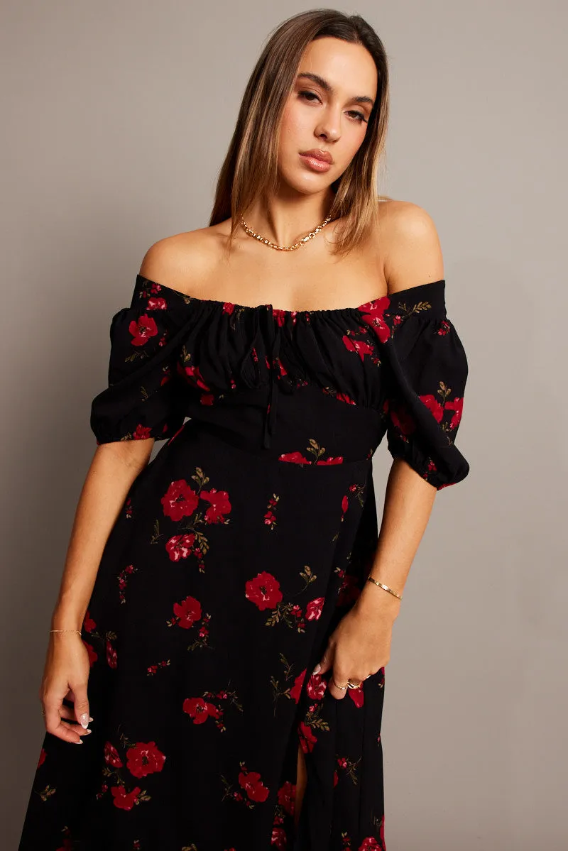 Black Floral Midi Dress Puff Sleeve Midi sold by Ally Fashion product image thumbnail 2