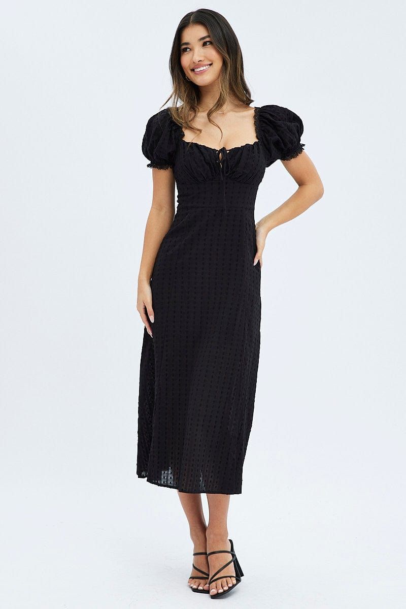 Black Midi Dress Puff Sleeve Gathered Bust Cotton sold by Ally Fashion product image thumbnail 3