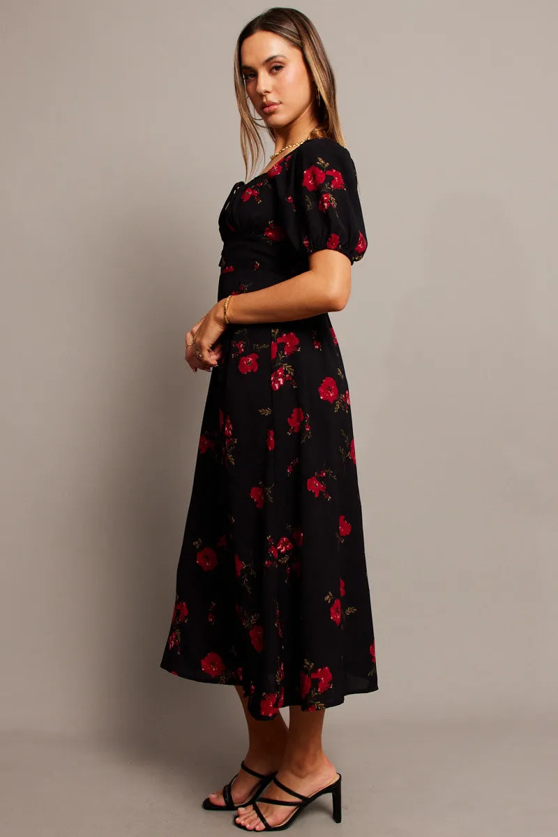 Black Floral Midi Dress Puff Sleeve Midi sold by Ally Fashion product image thumbnail 4