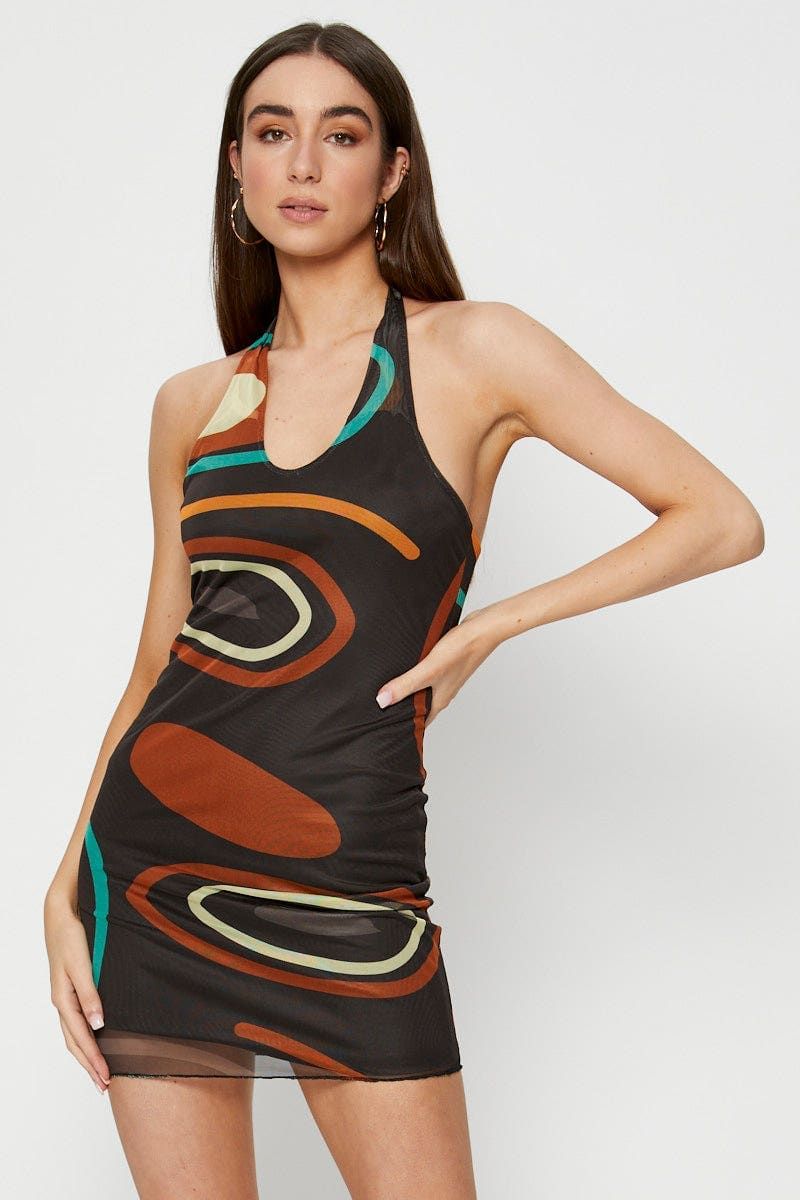 Abstract Print Bodycon Dress Mini Halter Neck sold by Ally Fashion