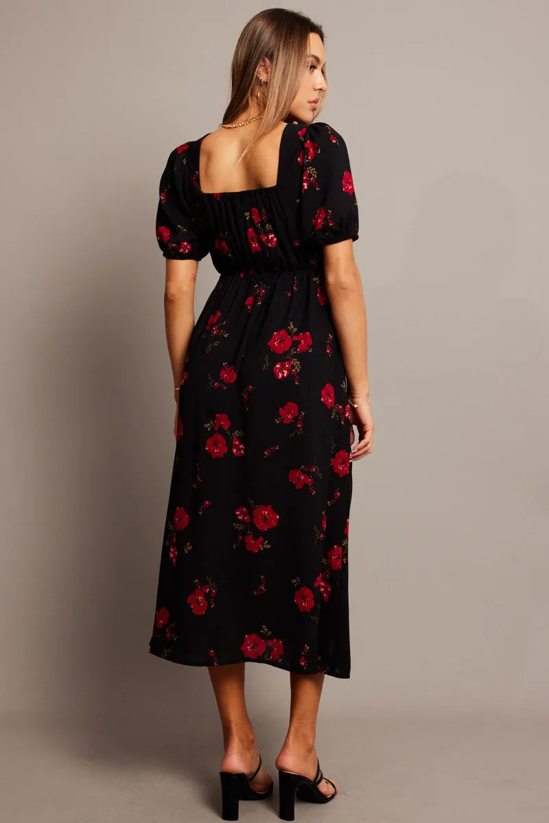 Black Floral Midi Dress Puff Sleeve Midi sold by Ally Fashion product image thumbnail 5
