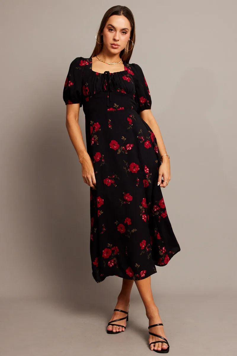 Black Floral Midi Dress Puff Sleeve Midi sold by Ally Fashion product image thumbnail 3
