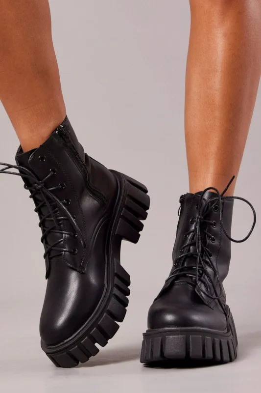 Black Lace Up Chunky Boots sold by Ally Fashion