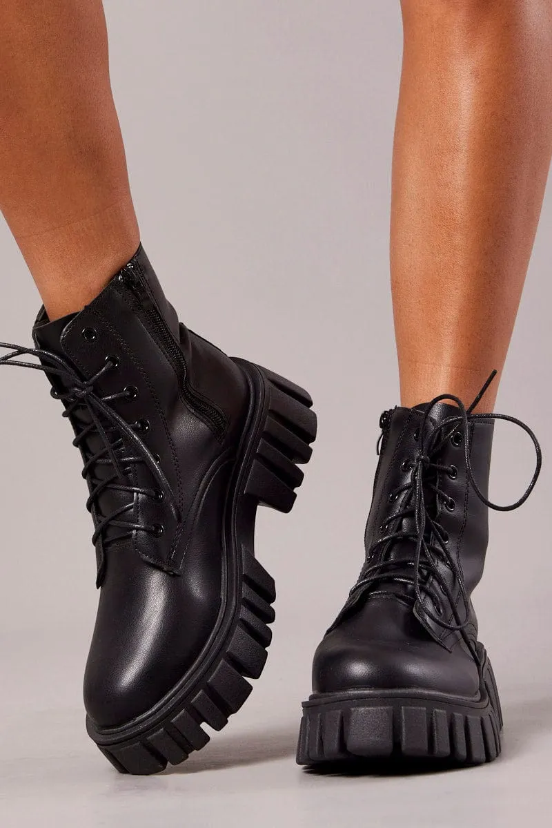 Black Lace Up Chunky Boots sold by Ally Fashion