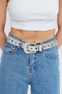 Silver Rhinestone Cowboy Western Buckle Eyelet Belt sold by Ally Fashion