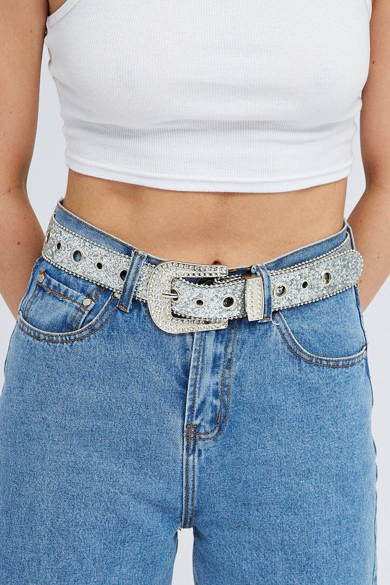 Silver Rhinestone Cowboy Western Buckle Eyelet Belt sold by Ally Fashion product image thumbnail 2