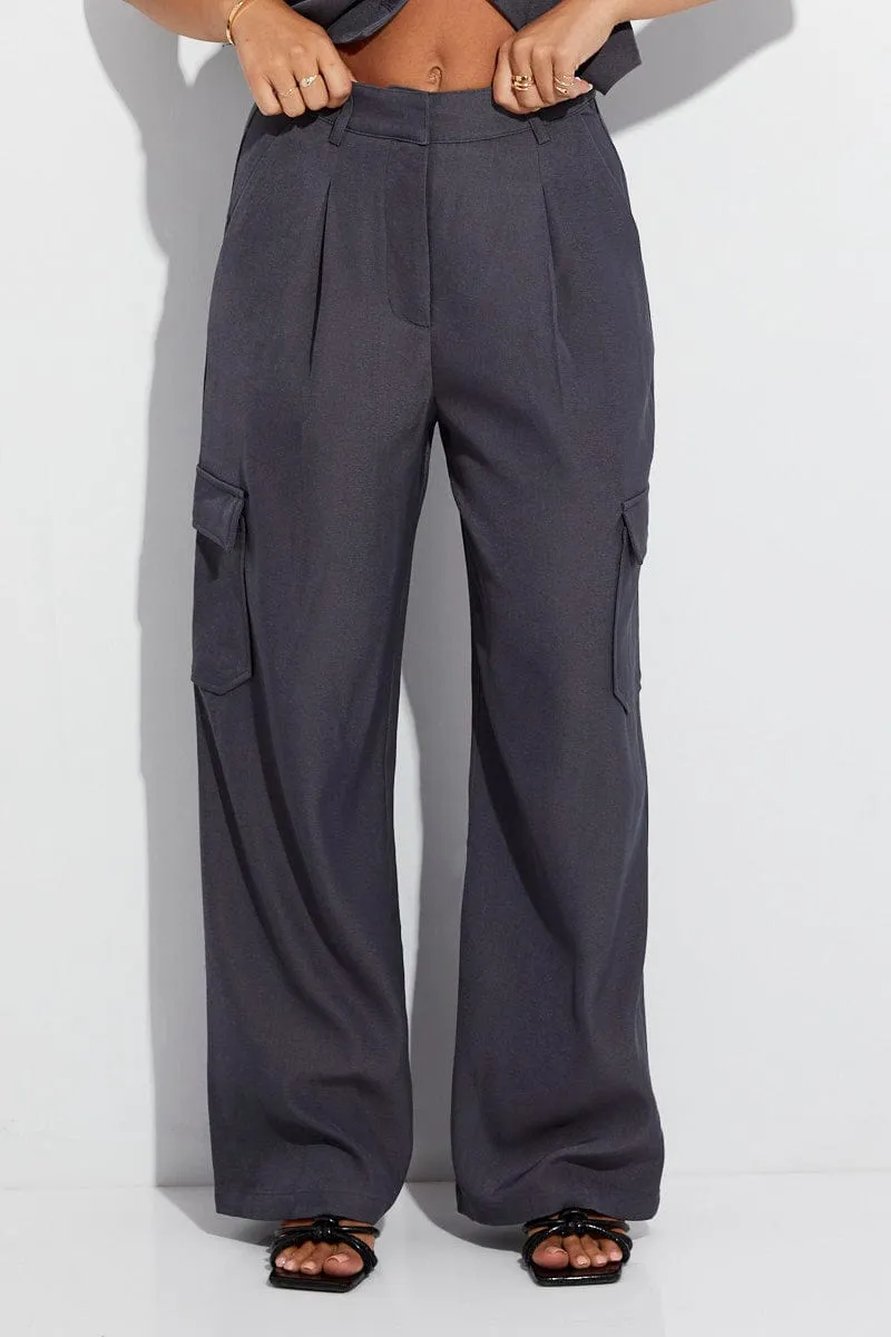 Grey Wide Leg Pants High Rise Cargo Tailored sold by Ally Fashion product image thumbnail 2