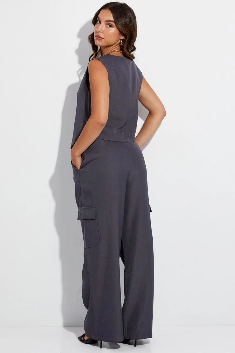 Grey Wide Leg Pants High Rise Cargo Tailored sold by Ally Fashion product image thumbnail 5