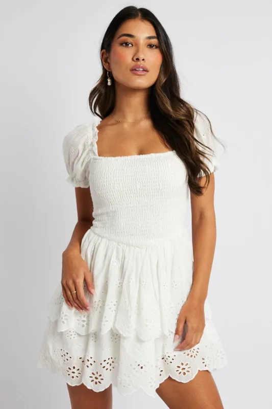 White Fit and Flare Dress Short Sleeve Embroidered sold by Ally Fashion