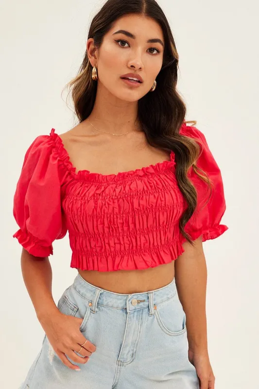 Red Crop Top Short Sleeve Square Neck Linen Blend sold by Ally Fashion