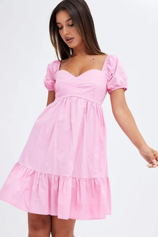 Pink Short Sleeve Sweetheart Neck Skater Dress sold by Ally Fashion