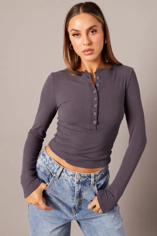 Grey Button Front Top Long Sleeve sold by Ally Fashion