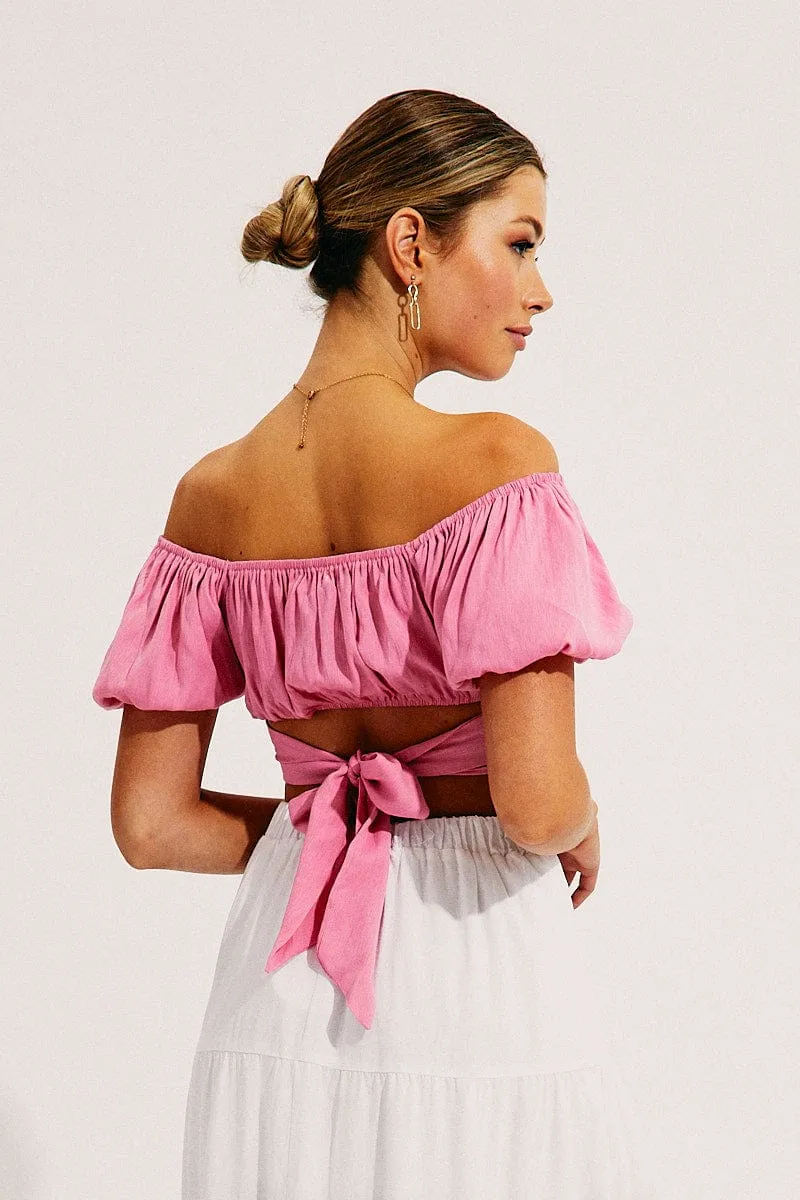 Pink Crop Top Short Sleeve Sweetheart Neckline Tie Back sold by Ally Fashion product image thumbnail 5