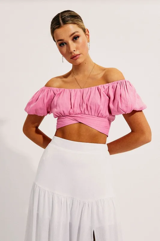 Pink Crop Top Short Sleeve Sweetheart Neckline Tie Back sold by Ally Fashion
