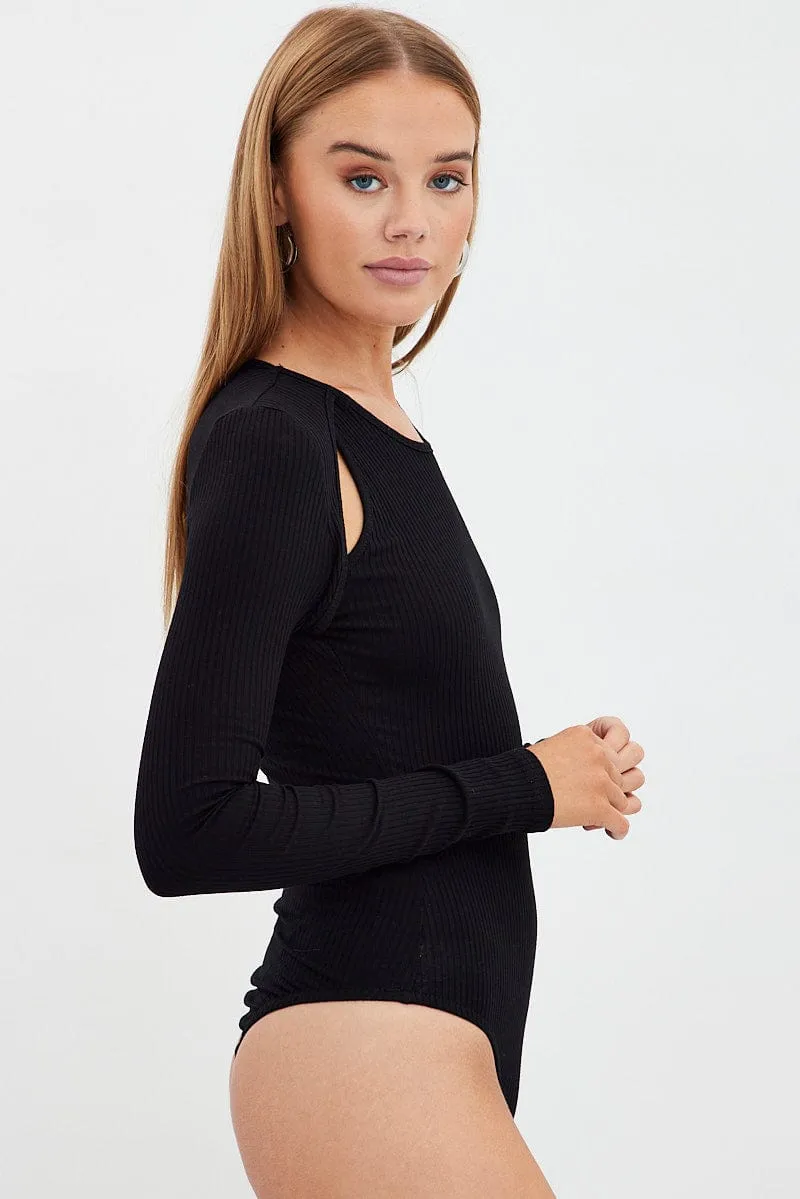 Black Bodysuit Long Sleeve Round Neck Cut Out Rib sold by Ally Fashion product image thumbnail 2