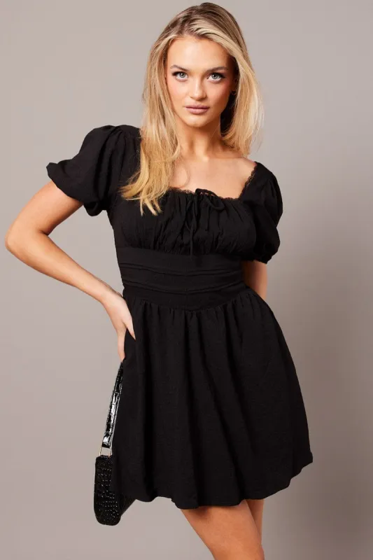 Black Fit And Flare Dress Puff Sleeve sold by Ally Fashion