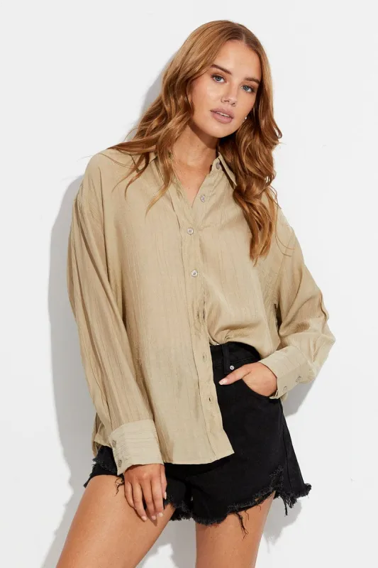 Beige Textured Shirt Long Sleeve Collared sold by Ally Fashion