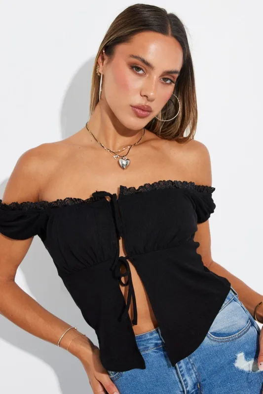 Black Front Tie Top Short Sleeve Rib sold by Ally Fashion