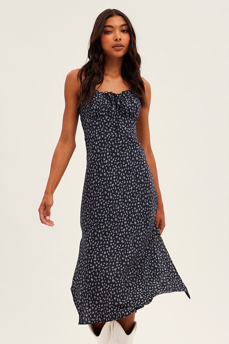 Black Ditsy Midi Dress Sleeveless Ruched Bust sold by Ally Fashion product image thumbnail 2