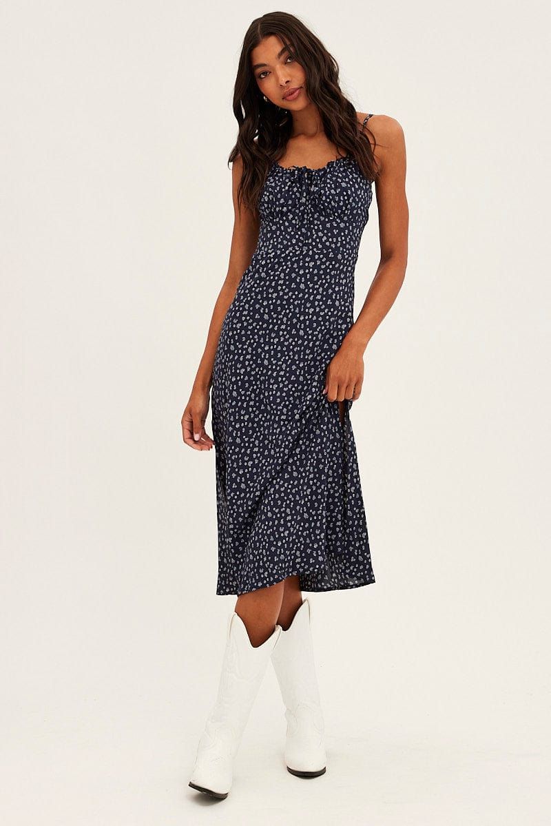 Black Ditsy Midi Dress Sleeveless Ruched Bust sold by Ally Fashion product image thumbnail 3