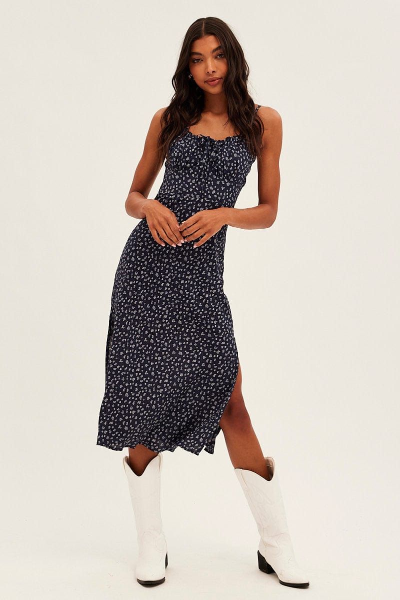 Black Ditsy Midi Dress Sleeveless Ruched Bust sold by Ally Fashion