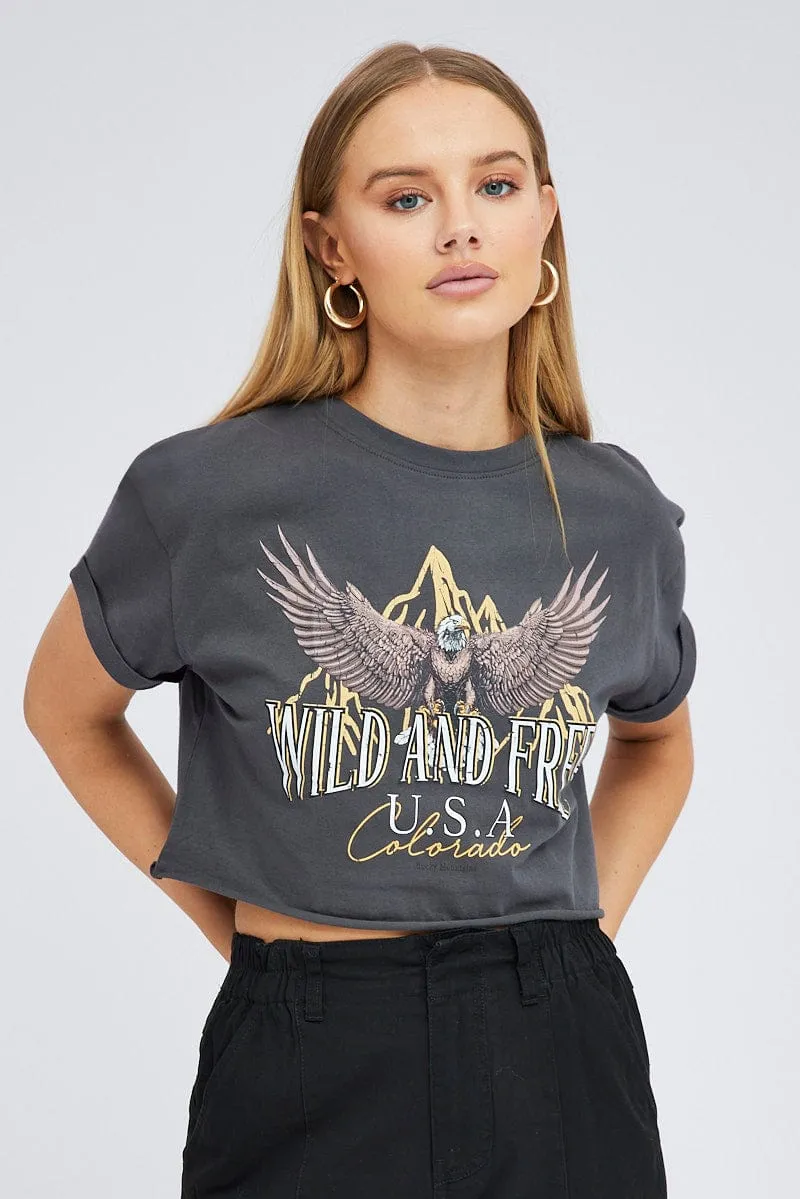 Grey Graphic Eagle Mountains Crop Oversized Tee T-shirt sold by Ally Fashion