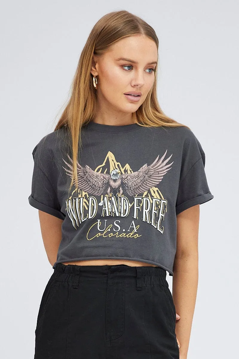 Grey Graphic Eagle Mountains Crop Oversized Tee T-shirt sold by Ally Fashion product image thumbnail 3