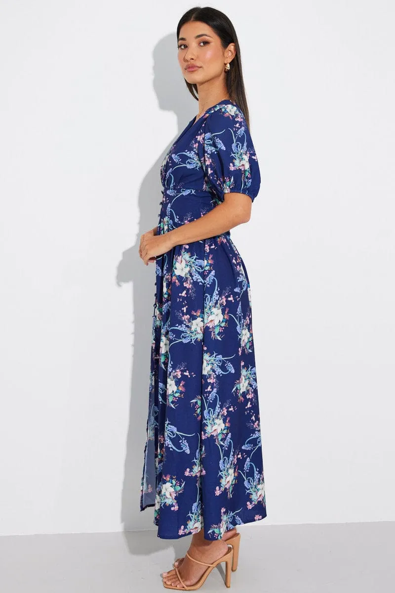 Blue Floral Midi Dress Puff Sleeve sold by Ally Fashion product image thumbnail 4