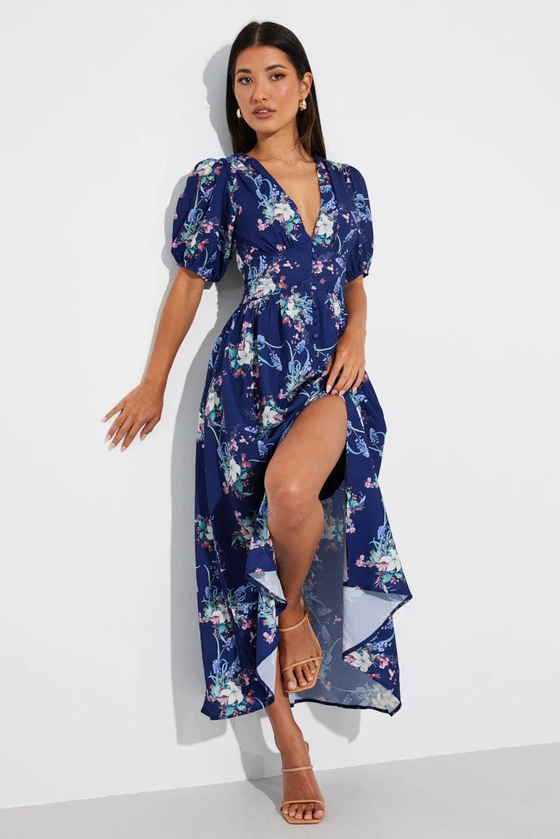 Blue Floral Midi Dress Puff Sleeve sold by Ally Fashion