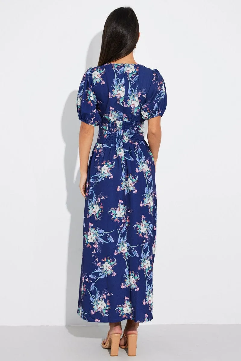 Blue Floral Midi Dress Puff Sleeve sold by Ally Fashion product image thumbnail 5