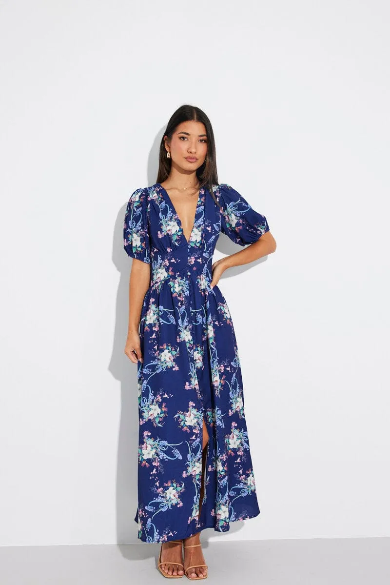 Blue Floral Midi Dress Puff Sleeve sold by Ally Fashion product image thumbnail 2