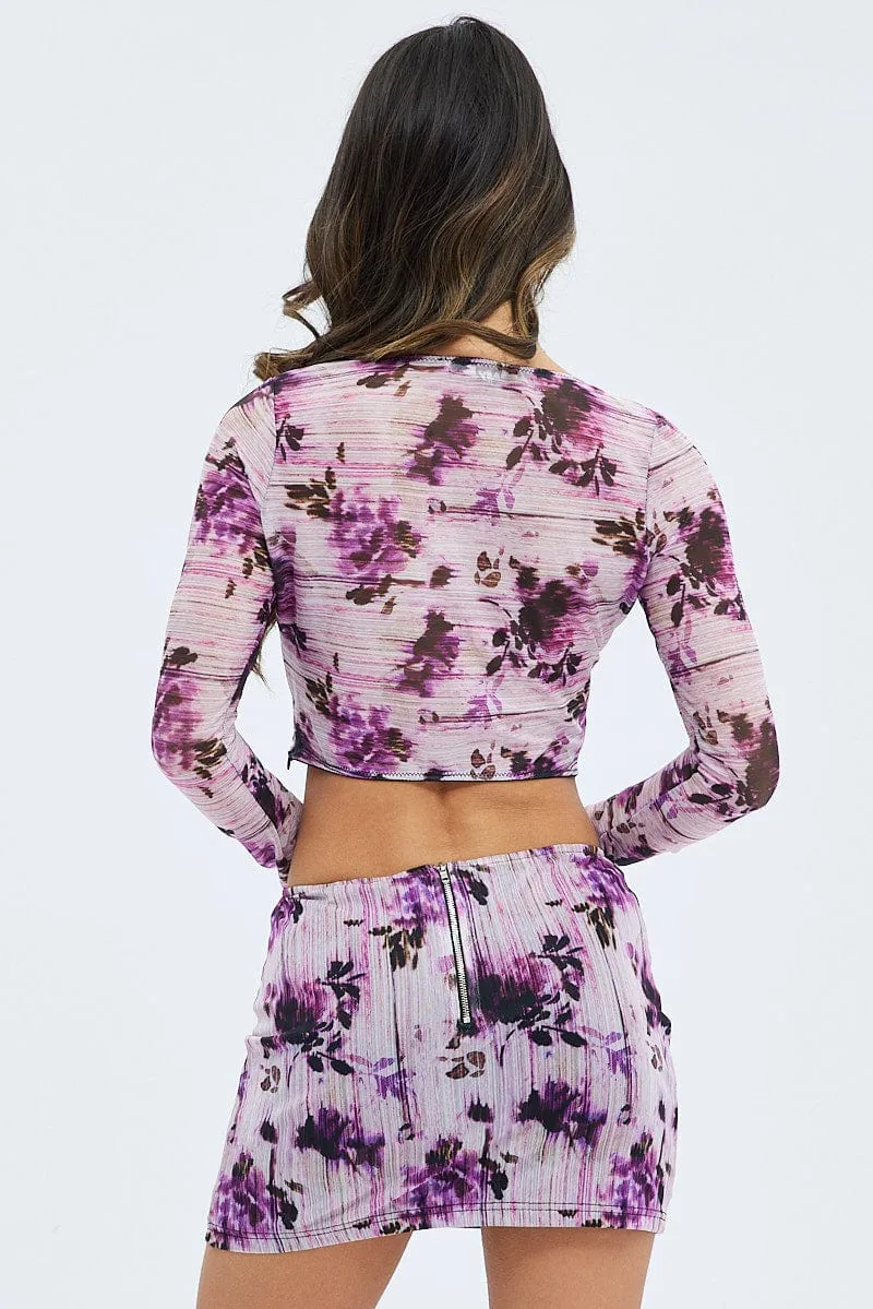 Purple Floral Mini Skirt Mid Rise Mesh sold by Ally Fashion product image thumbnail 5