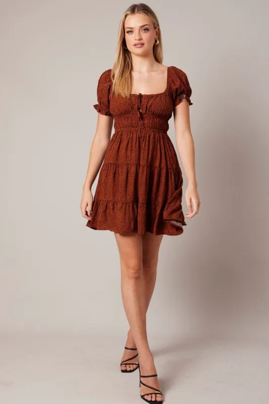 Brown Geo Fit And Flare Dress Puff Sleeve Mini sold by Ally Fashion