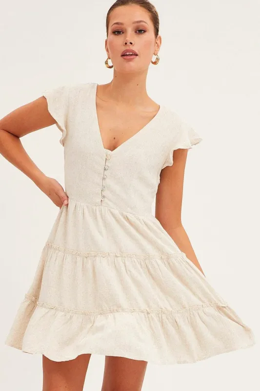 Beige Fit And Flare Dress Frill Sleeve Linen Blend sold by Ally Fashion