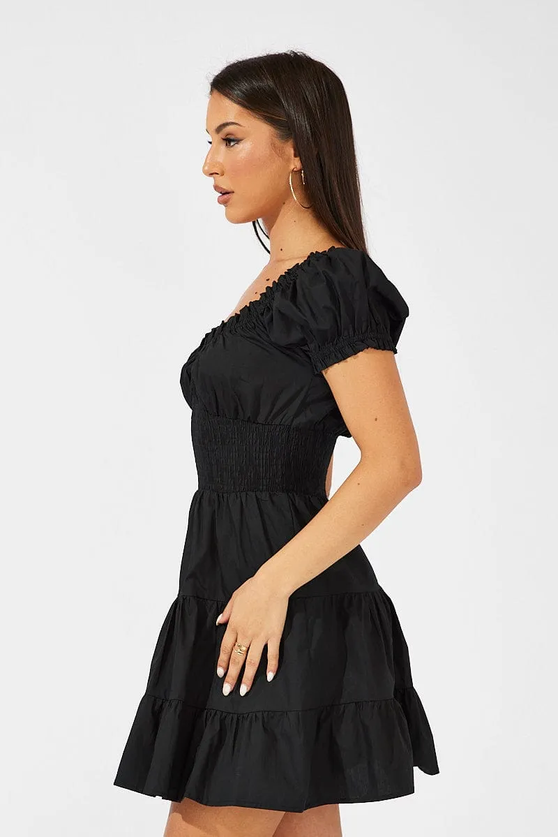 Black Fit and Flare Dress Short Sleeve Shirred Waist sold by Ally Fashion product image thumbnail 4