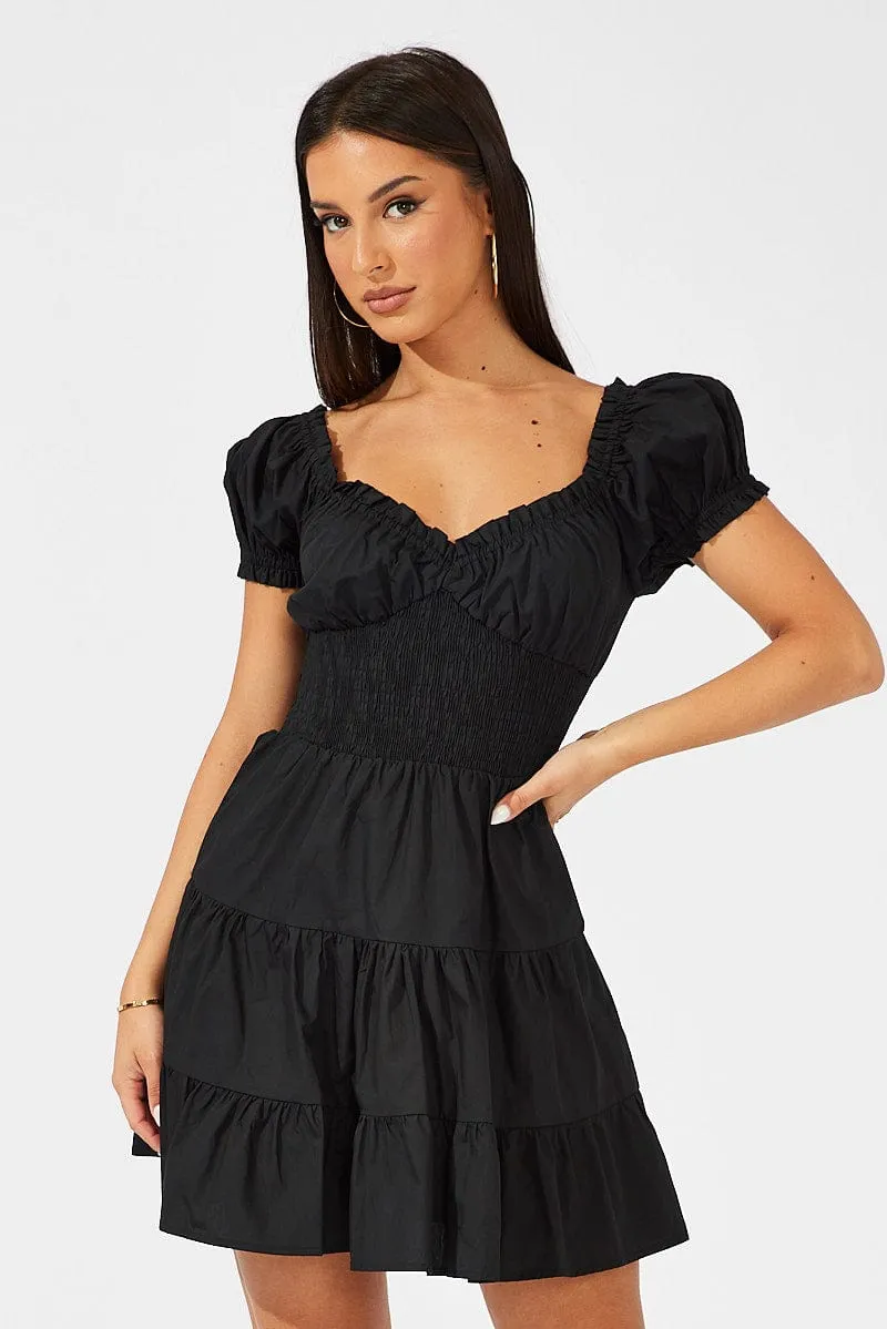 Black Fit and Flare Dress Short Sleeve Shirred Waist sold by Ally Fashion