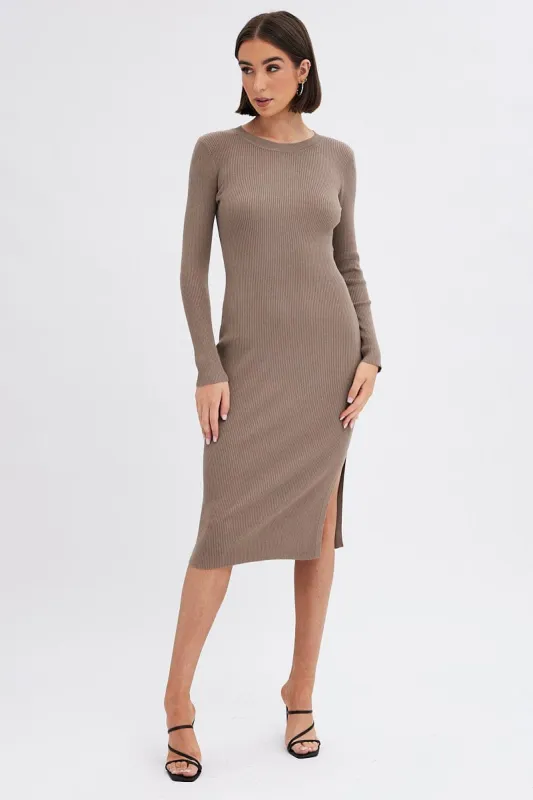 Brown Midi Dress Long Sleeve Round Neck Rib Knitted sold by Ally Fashion