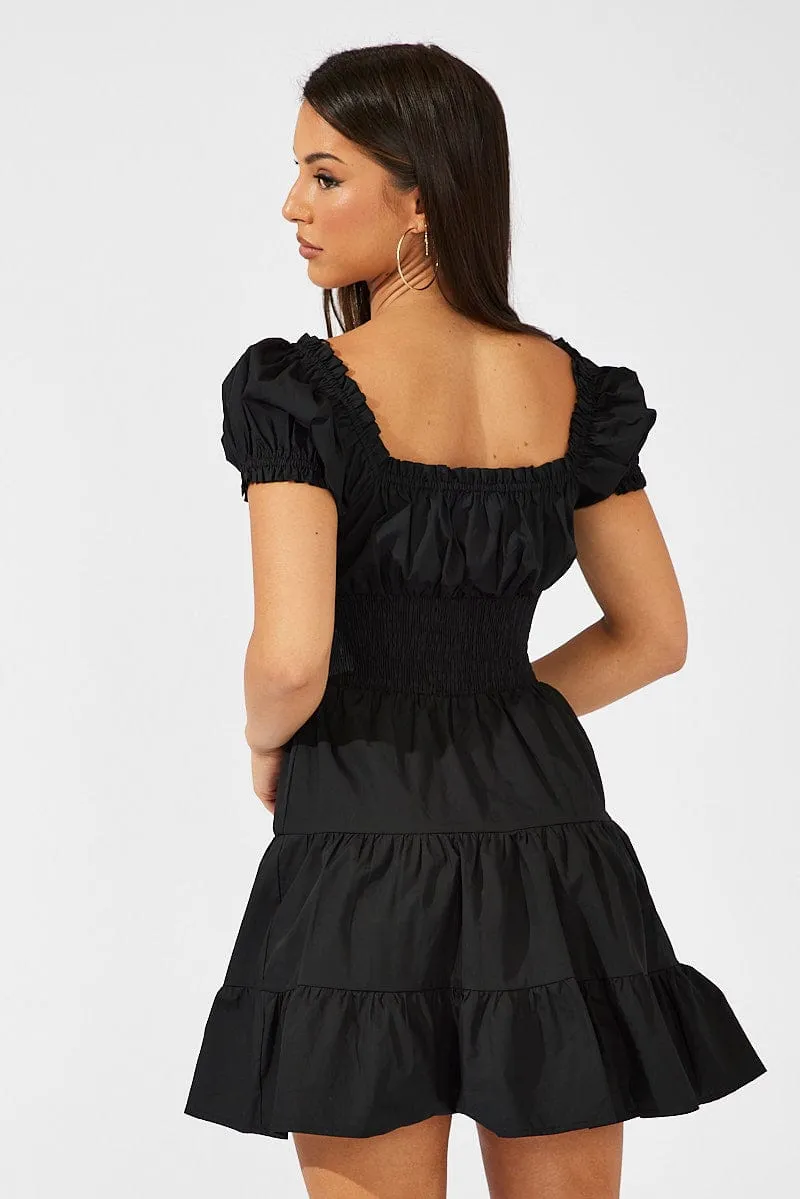 Black Fit and Flare Dress Short Sleeve Shirred Waist sold by Ally Fashion product image thumbnail 5