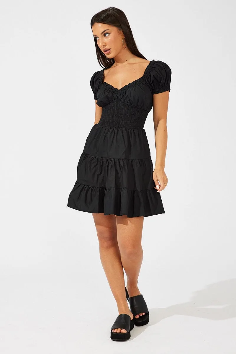 Black Fit and Flare Dress Short Sleeve Shirred Waist sold by Ally Fashion product image thumbnail 2