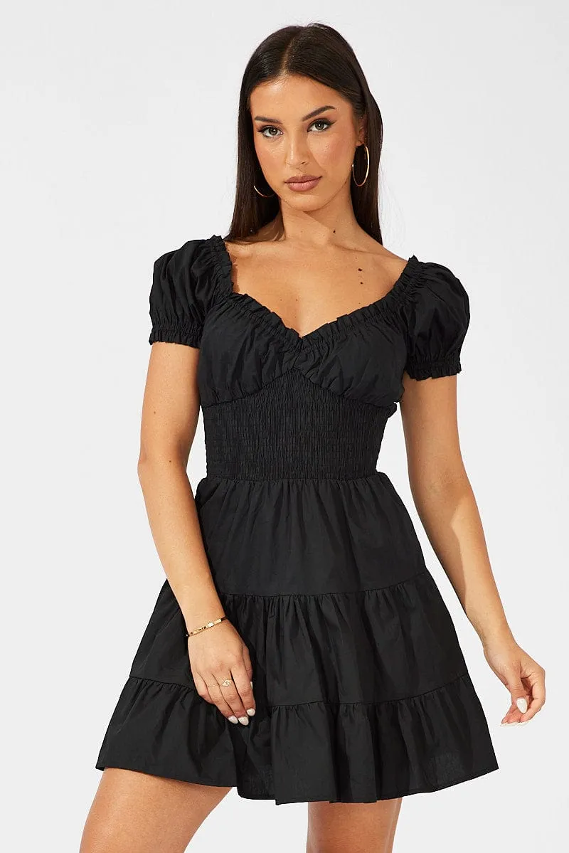 Black Fit and Flare Dress Short Sleeve Shirred Waist sold by Ally Fashion product image thumbnail 3