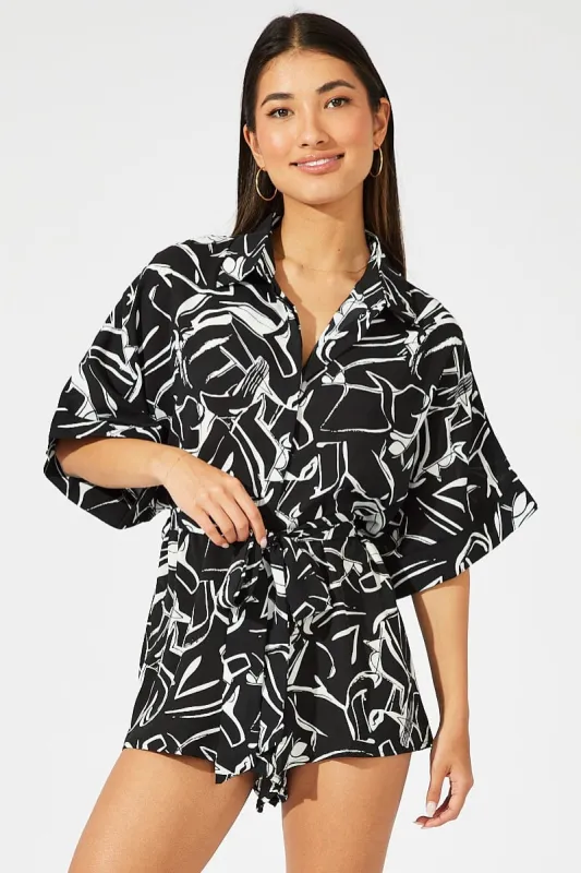 Black Abstract Oversized Playsuit sold by Ally Fashion